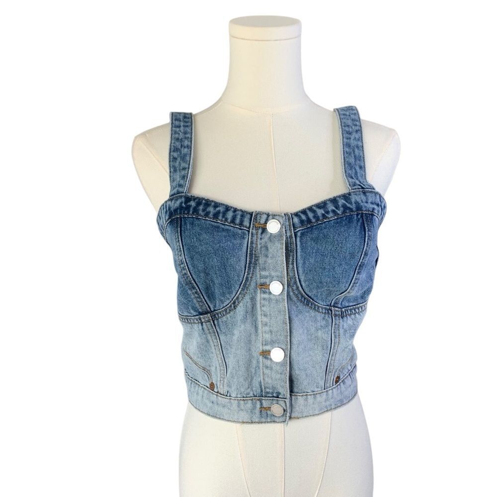 Blank NYC Denim Bustier Top Sleeveless Cropped Snap Up Smocked Blue Small New